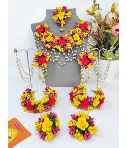 Yellow-Raani Pink Handmade Flower Jewellery Set for Haldi, Mehndi Celebrations