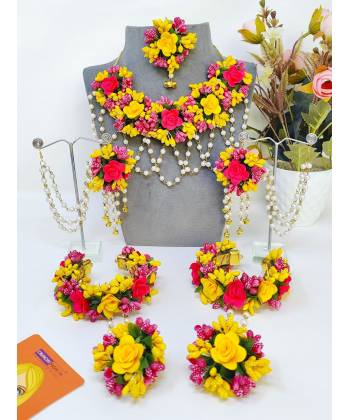 Yellow-Raani Pink Handmade Flower Jewellery Set for Haldi, Mehndi Celebrations