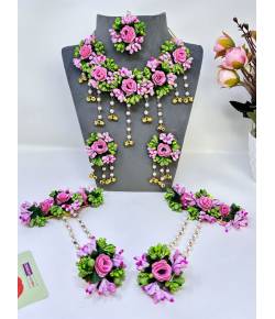 Pink-Green Handmade Floral Jewellery Set for Haldi, Mehndi