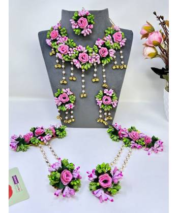 Pink-Green Handmade Floral Jewellery Set for Haldi, Mehndi