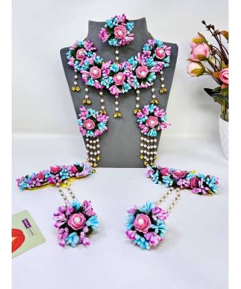 Baby Pink-Sky Blue Floral Bridal Jewellery Set for Haldi, Mehndi, Baby Shower