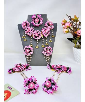 Baby Pink Handmade Floral Bridal Jewellery Set for Haldi, Mehndi, Baby Shower