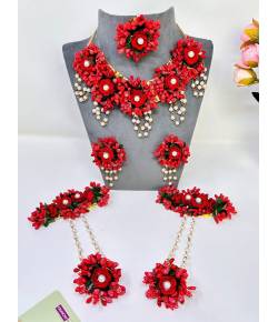 Bridal Blossom - Handmade Haldi Flower Jewellery Set in Red Beads and Pearls