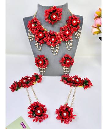 Bridal Blossom - Handmade Haldi Flower Jewellery Set in Red Beads and Pearls