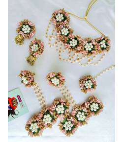 Peach Blossom Handmade Artificial Floral Jewellery Set for Haldi-Mehndi, Baby Shower