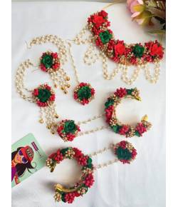 Red-GReen Artificial Floral Jewellery Set for Haldi, Mehndi, Baby Shower