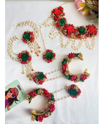 Red-GReen Artificial Floral Jewellery Set for Haldi, Mehndi, Baby Shower