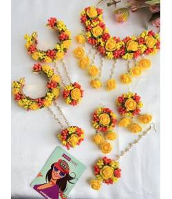 Yellow-Orange Artificial Floral Jewellery Set for Haldi and Mehndi Occasions