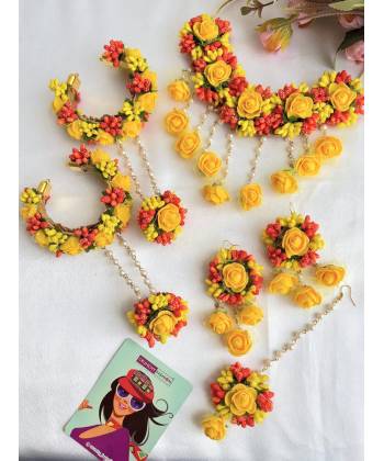 Yellow-Orange Artificial Floral Jewellery Set for Haldi and Mehndi Occasions