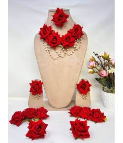 Elegant Bridal Red Rose Floral Jewellery Set for Haldi, Mehndi