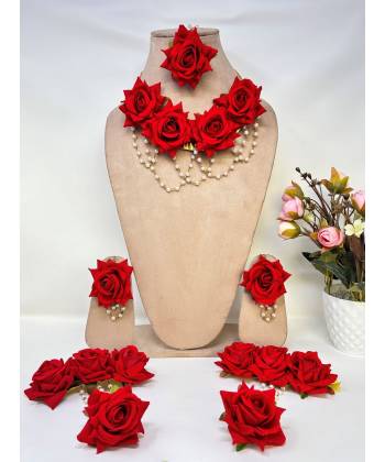 Elegant Bridal Red Rose Floral Jewellery Set for Haldi, Mehndi