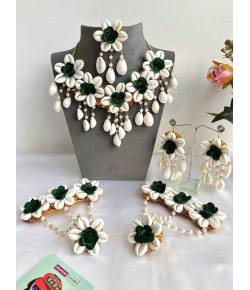 Green Floral Cowrie Shell Jewellery Set For Haldi & Mehndi