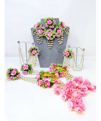 Pink-Green Multicolor Flower Bridal Jewellery Set for Haldi and Mehandi