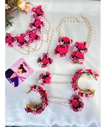 Pink Flower Bridal Haldi-Mehndi-Baby Shower Jewellery Set for Women