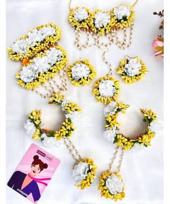 Yellow and White Handmade Flower Jewellery Set for Bridal Haldi and Mehndi