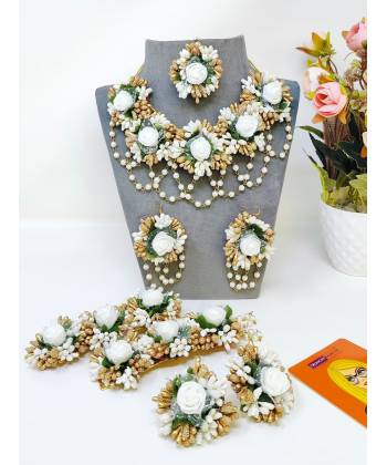 White-Gold Artificial Floral Jewellery Set for Haldi, Mehndi & Weddings