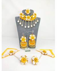 Buy Online Crunchy Fashion Earring Jewelry Pink-Yellow Handmade Mirror Work Jewellery Set for Haldi Handmade Beaded Jewellery CFS0590