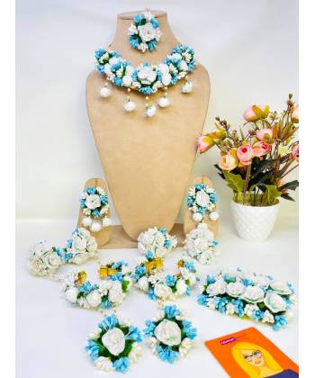 Sky Blue-White Flowers Haldi mehndi Jewellery Set with kaliras for Brides