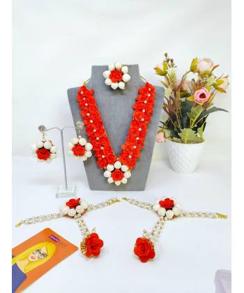 Red Long Necklace Floral Jewellery Set for Bridal Haldi, Mehndi, Baby Shower