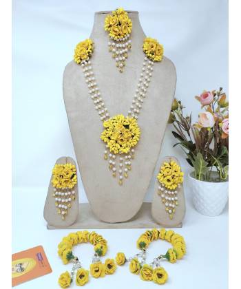 Yellow Flower Long Necklace Bridal Jewelry Set for Haldi, Mehndi, Baby Shower