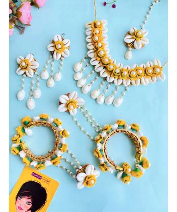 Yellow Floral and Cowrie Shell Bridal Jewellery Set for Haldi