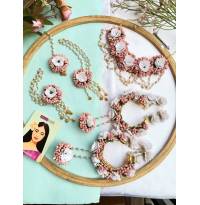 Peach-White Artificial Floral Bridal Jewelry Set for Haldi-Mehndi