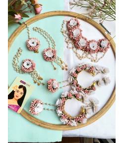 Peach-White Artificial Floral Bridal Jewelry Set for Haldi-Mehndi