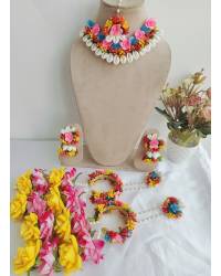 Buy Online Crunchy Fashion Earring Jewelry Mahira Green-Yellow-PInk Floral Handmade Bridal Haldi-Mehndi Jewellery Set Handmade Beaded Jewellery CFS0694