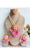 Pink-Yellow Artificial Flower Long Necklace Jewellery Set for Baby Shower, Haldi, Mehndi