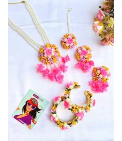 Pink-Yellow Artificial Flower Long Necklace Jewellery Set for Baby Shower, Haldi, Mehndi