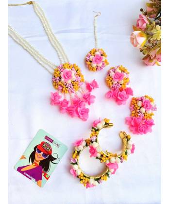 Pink-Yellow Artificial Flower Long Necklace Jewellery Set for Baby Shower, Haldi, Mehndi