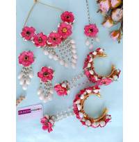 Hot Pink Flower & Cowrie Shell Haldi Fest Jewelry Set