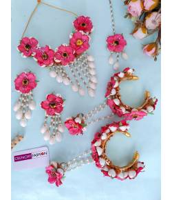 Hot Pink Flower & Cowrie Shell Haldi Fest Jewelry Set