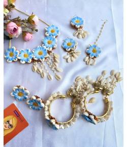 Sky-Blue Flowers Cowrie Shell Jewellery Set for Haldi, Mehndi