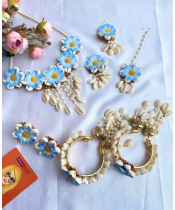 Sky-Blue Flowers Cowrie Shell Jewellery Set for Haldi, Mehndi