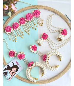 Pink-White Floral Haldi Mehndi Jewellery Set