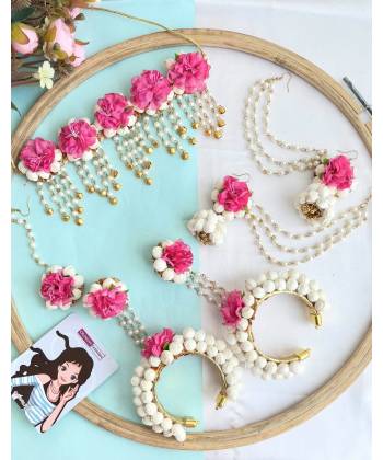 Pink-White Floral Haldi Mehndi Jewellery Set