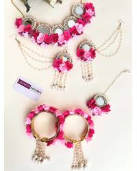 Buy Online Crunchy Fashion Earring Jewelry Pink-Yellow Beaded Floral Earrings, Tikka , Hathphool set Necklaces & Chains CFS0724