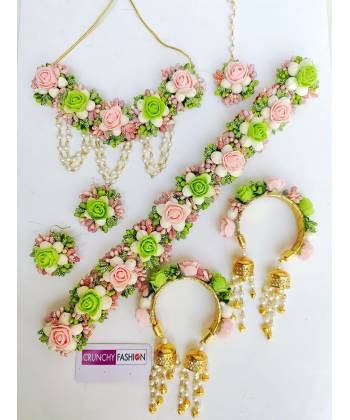 Green-Pink Floral Jewellery Set for Baby Shower & Haldi