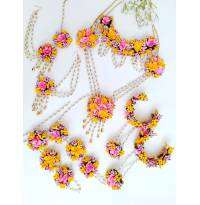 Yellow-Pink Flower Jewellery Set for Haldi, Baby Shower