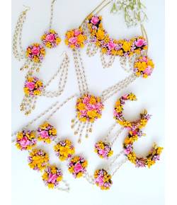 Yellow-Pink Flower Jewellery Set for Haldi, Baby Shower