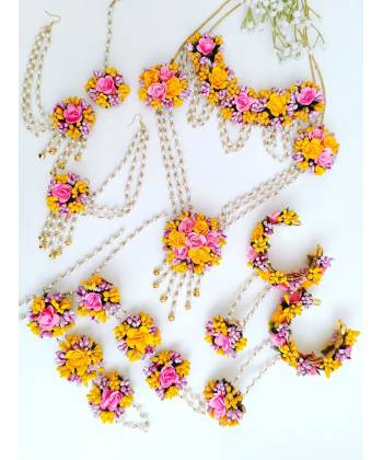 Yellow-Pink Flower Jewellery Set for Haldi, Baby Shower