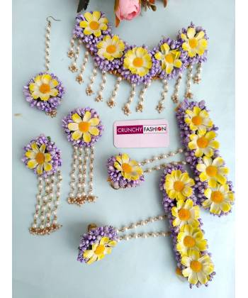 Lavender-Yellow Floral Jewelry for Wedding, Haldi Set
