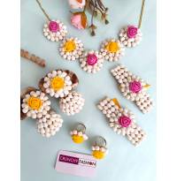 Pink-Yellow Dried Mogra Flower Jewelry for Haldi, Mehndi