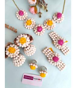 Pink-Yellow Dried Mogra Flower Jewelry for Haldi, Mehndi