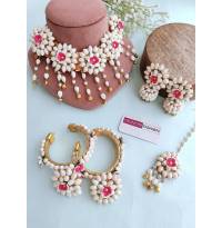 Handmade Pink Flower White Mogra Jewellery for Haldi, Mehndi