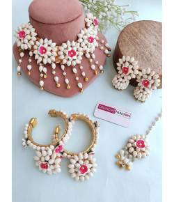 Handmade Pink Flower White Mogra Jewellery for Haldi, Mehndi
