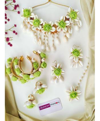 Lime Floral & Cowrie Shell Jewellery Set Haldi Mehendi