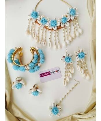 Aqua Blue Flral Sea Shell Bridal Set for Haldi, Mehndi