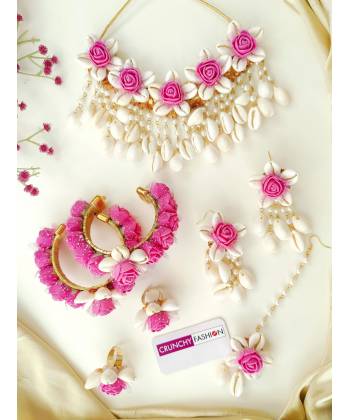 Pink Blossom & Cowrie Shell Haldi Bridal Jewelry Set